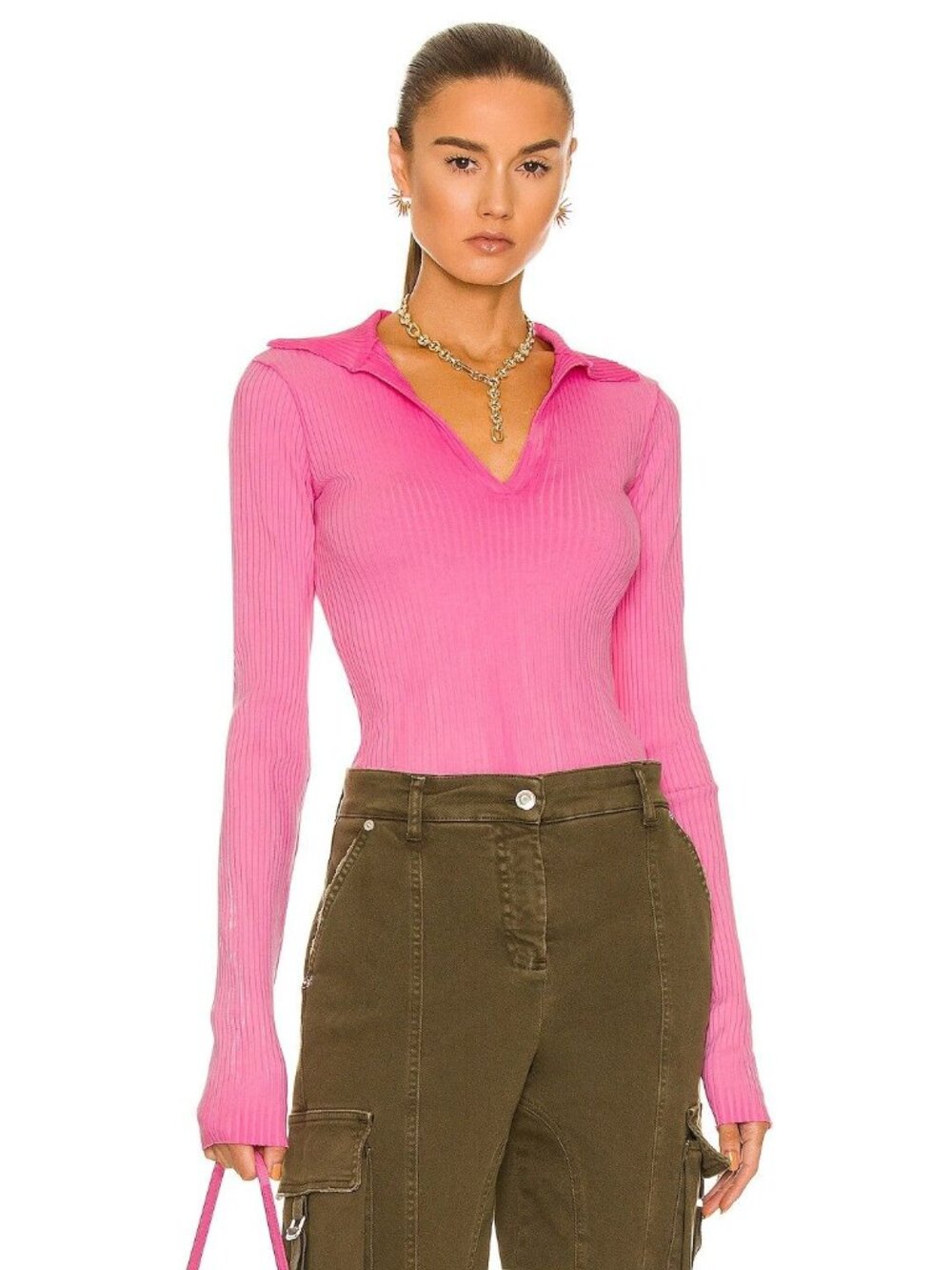 Cotton Citizen Size S Ibiza Ribbed Polo Top Hot Pink Mix Stretch Jersey